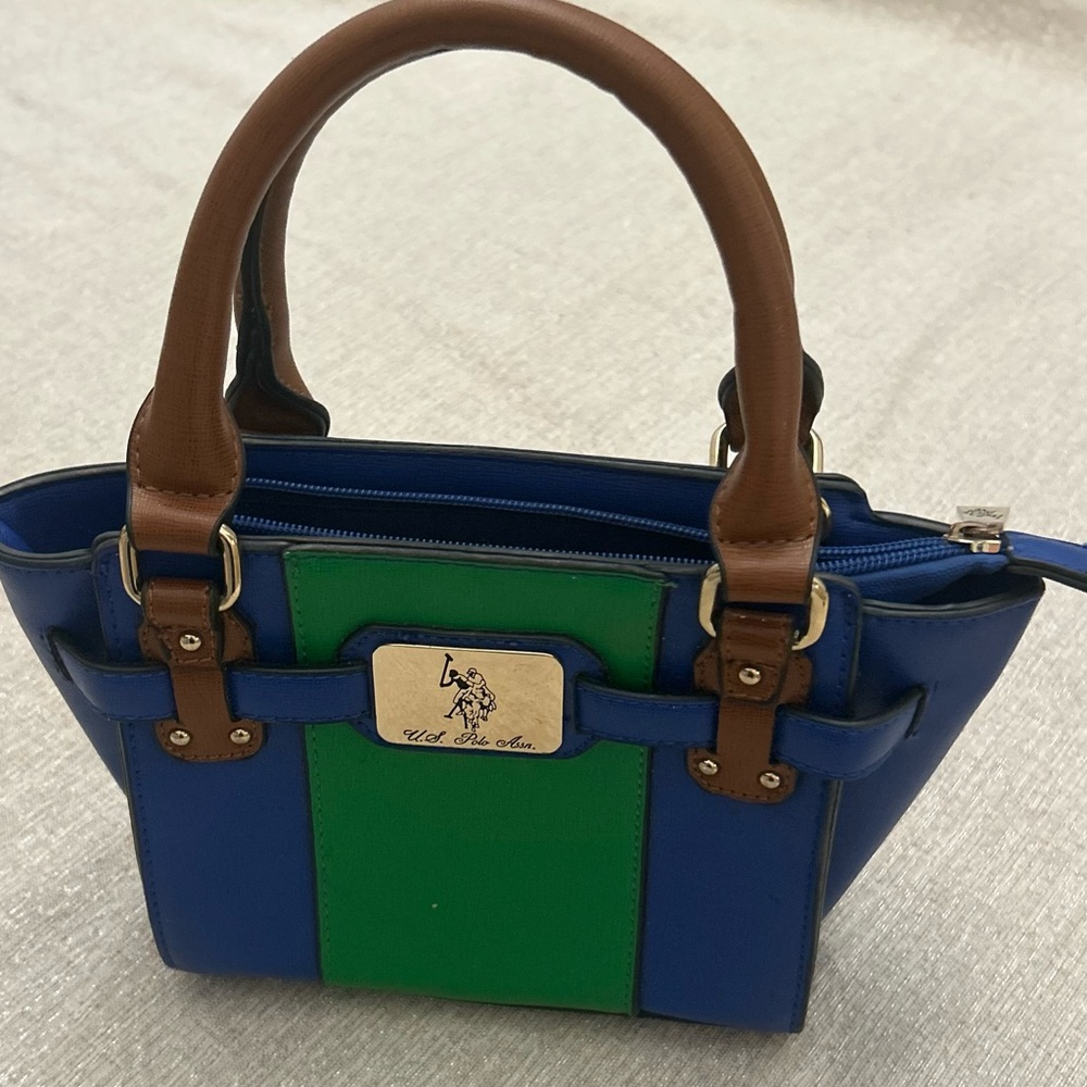 U.S. Polo Assn. Color-block Handbag Blue w/Green Brown Handles Gold Hardware